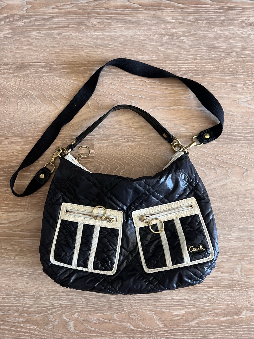 Coach Black Quilted Shoulder Bag with Cream Trim